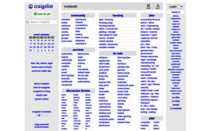 craigslist provides local classifieds and forums for jobs, housing, for sale, services, local community, and events. . Ceaigslist vt